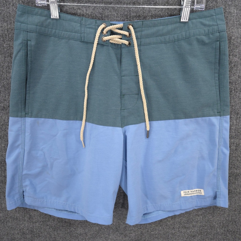 Fair Harbor Board Shorts Mens 32 Green Blue Colorblock Drawstring Pocket Unlined